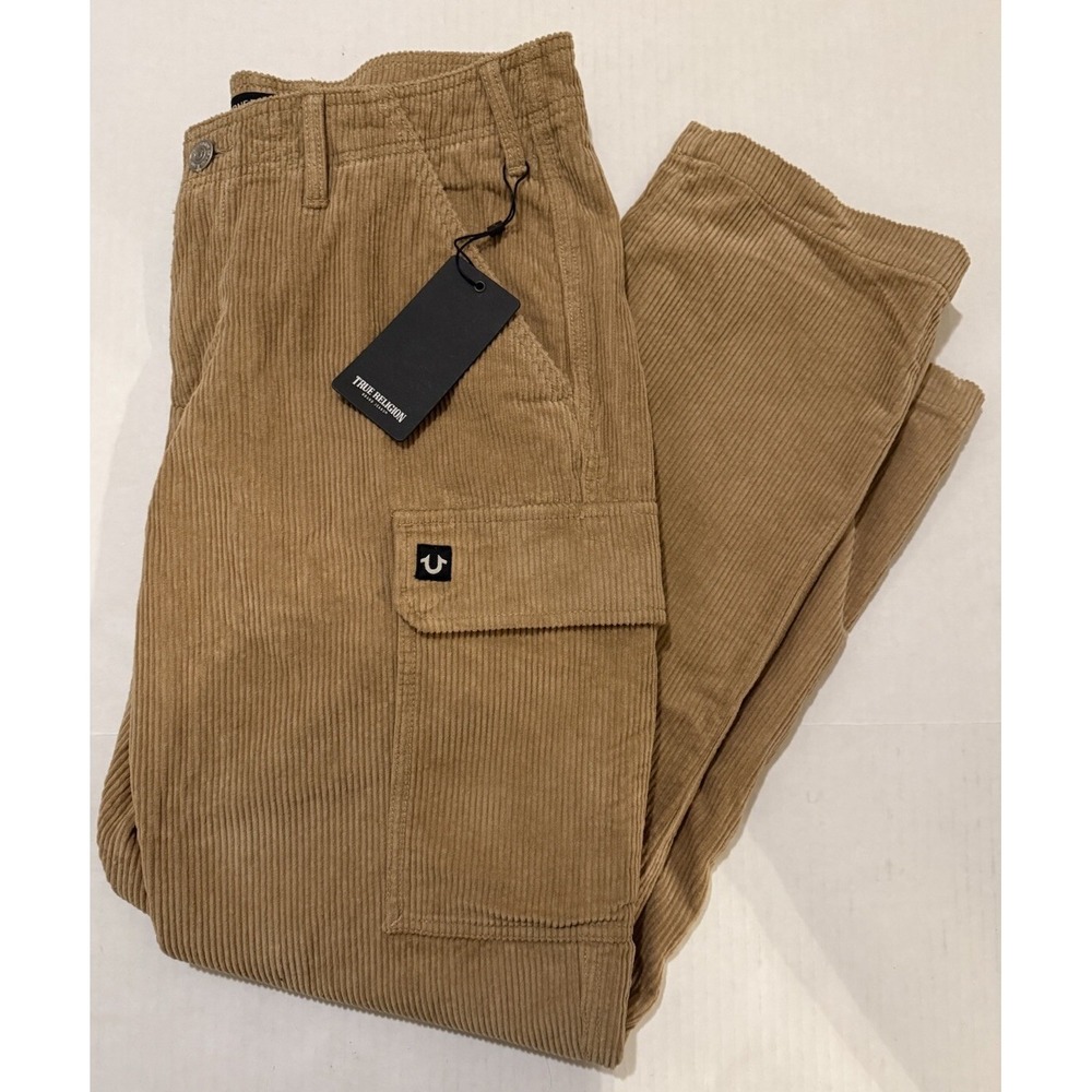 True Religion Mens 32x31 Straight Cargo Vintage Travertine Brown Corduroy Pants